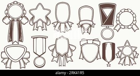 Twelve medals Hand drawn set medal drawing isolated on white background. Doodle medal and champion trophy cup Hand drawn award decorative elements. Stock Vector