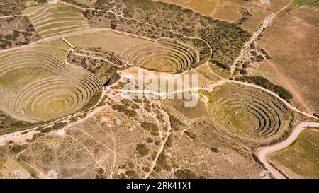 Aerial view of Moray Archeological site. Inca ruins of several terraced circular depressions, in Maras, Cusco province, Peru. Stock Photo