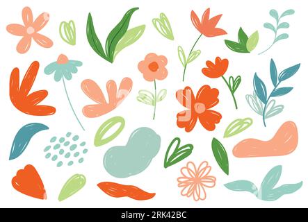Flowers in hand drawn style set. Floral and leaves elements collection. Stock Vector