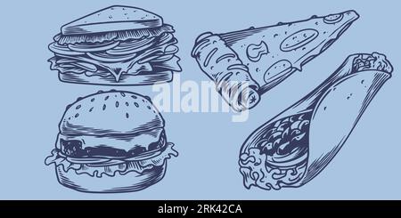 Hand drawing fast food set of two sandwiches, hamburgers, hot dogs, kebabs.Junk food restaurant fast food menu Stock Vector