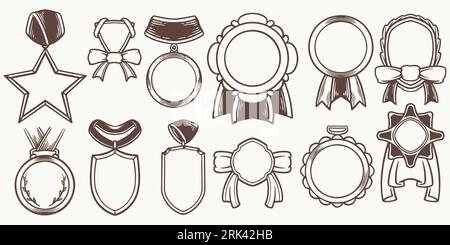 Twelve medals Hand drawn set medal drawing isolated on white background. Doodle medal and champion trophy cup Hand drawn award decorative elements. Stock Vector