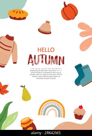 Hello autumn with element and leaves background. Autumn october hand drawn template design. Stock Vector