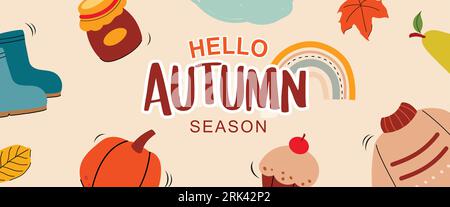 Hello autumn with element and leaves background. Autumn october hand drawn template design. Stock Vector