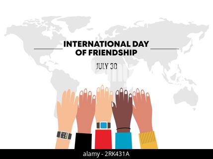 International friendship day background banner poster with five diversity hands up and world map. Stock Vector