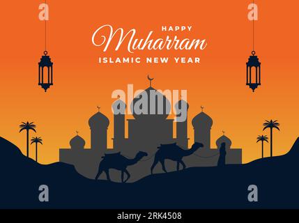 Islamic new year, happy muharram festival greeting card background with black lanterns, big mosque and camel on late afternoon desert. Stock Vector