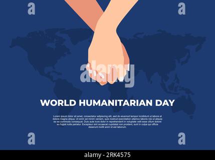 Happy world humanitarian international day banner poster with earth map and hand hold hand on blue background. Stock Vector