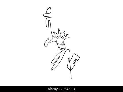 One continuous single line drawing of american independence day with liberty statue isolated on white background. Stock Vector