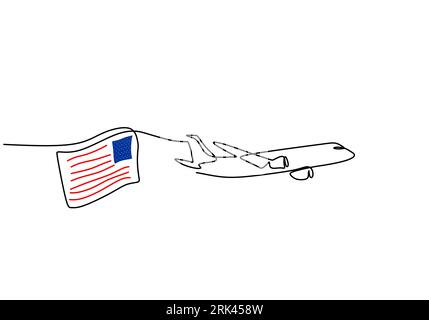 One continuous single line drawing of american independence day with united states flag and airplane isolated on white background. Stock Vector