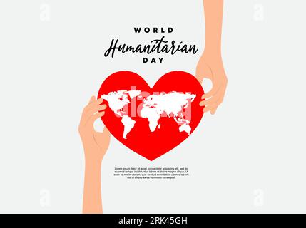 World humanitarian day background with hand hold world map in heart love symbol isolated on grey whitebackground. Stock Vector