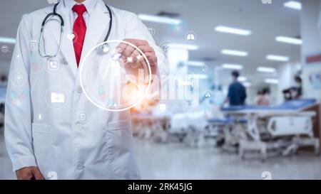Doctor is using electronic pen touching screen for medical diagnostic analysis on modern virtual screen network connection. Medical technology concept Stock Photo