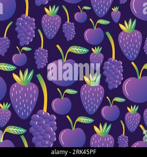 Blue fruit seamless pattern with grape, Blackberries and blueberry isolated on purple background. Stock Vector