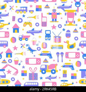 Hand drawn of seamless pattern baby toy with game console, duck, truck, stick, phone, robot, piano, trumpet, drum, dinosaur, backhoe, airplane, home, Stock Vector