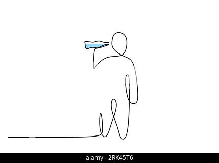 One continuous single line of hand drawn with man drinking a bottle of water isolated on white background. Stock Vector