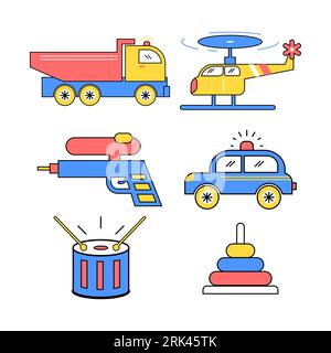 Set of hand drawn boys children toys with police car, truck, helicopter, drum and gun isolated on white background. Stock Vector