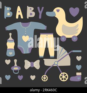 Set of hand drawn elements with baby equipment like dot, milk bottle, clothes, duck, tape, baby stroller and love symbol isolated on black background. Stock Vector