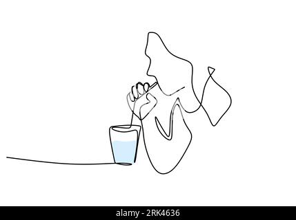 One continuous single line of hand drawn with long hair girl drinking ice with glass and straw isolated on white background. Stock Vector