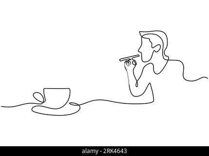 One continuous single line of hand drawn with smoking gut drinking coffee isolated on white background. Stock Vector