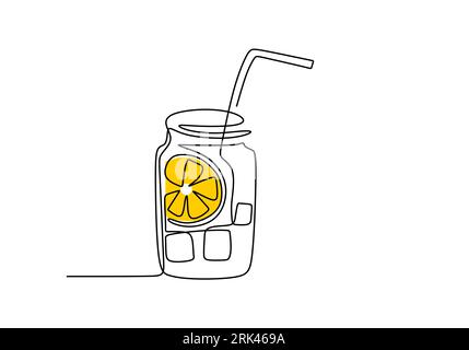 One continuous single line of hand drawn with lemon glass filled with water and ice cubes with a lemon garnish on the rim of the glass isolated on whi Stock Vector