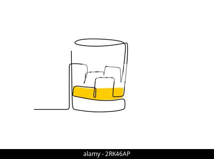One continuous single line of hand drawn Whiskey glass with ice cubes in it isolated on white background. Stock Vector