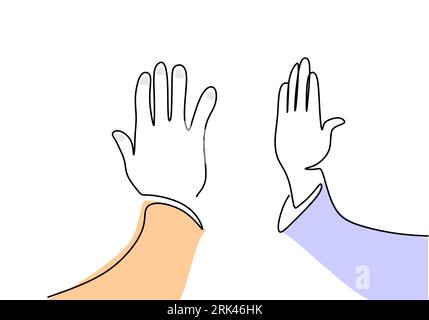 One continuous single line hand drawing of high five hands isolated on white background. Stock Vector