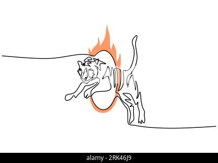 One continuous single line hand drawing of international tiger day with jumping tiger isolated on white background. Stock Vector