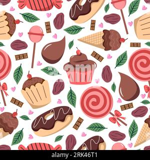 Chocolate and candy seamless pattern isolated on white background. Stock Vector