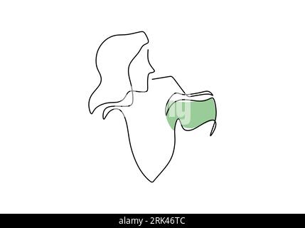 One continuous single line of hand drawn with girl drinking coconut with a straw isolated on white background. Stock Vector
