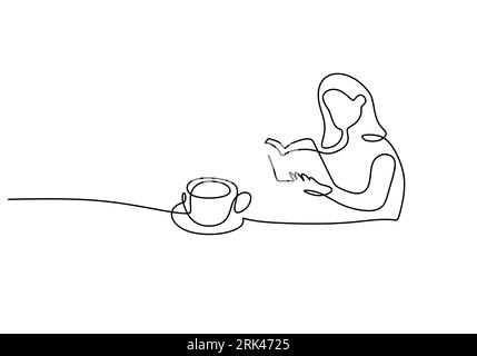 One continuous single line of hand drawn with girl reading book drinking coffee isolated on white background. Stock Vector