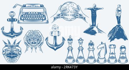 Vintage hand drawn of man standing upon on the hills, hands hold plant and earth, anchor, chess pieces like King, queen, bishop, knight, pawn and rook Stock Vector