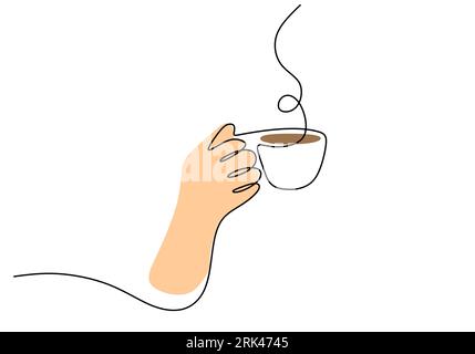 One continuous single line of hand drawn with hand lifting bubbling coffee isolated on white background. Stock Vector