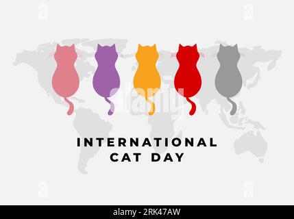 Background for the international cat day on August 8. With five cats and world map. Funny cartoon cat.. Happy animals Print to greeting card, poster o Stock Vector