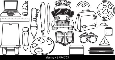 Hand drawn doodle set element with laptop, pen, bus, globe, ruler, book, painter and glasses for back to school education theme. Stock Vector
