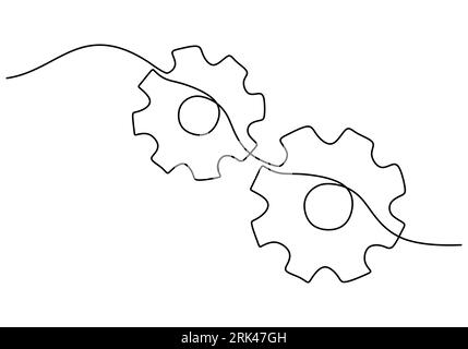 One continuous single line hand drawing of two gears isolated on white background. Stock Vector