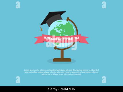 Student international day background with graduation hat and globe isolated on blue color. Stock Vector