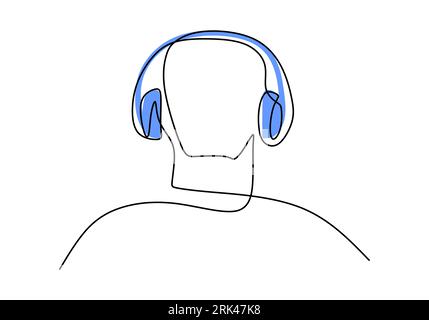 One continuous single line hand drawing of man use headphone isolated on white background. Stock Vector
