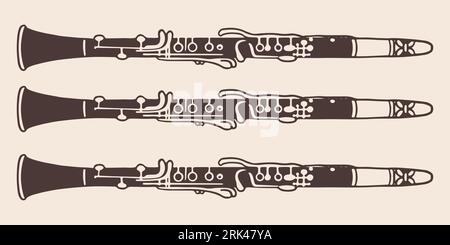 Vintage hand drawn three clarinets in vintage engraved style. Isolated on white background. front view. Stock Vector