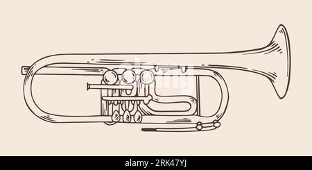 Vintage hand drawn trumpet in vintage engraved style. Isolated on white background. front view. Stock Vector