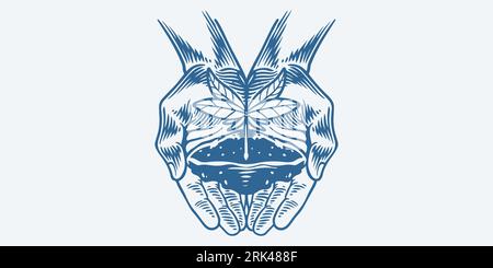 Vintage hand drawn hands hold plant isolated on white background. Stock Vector
