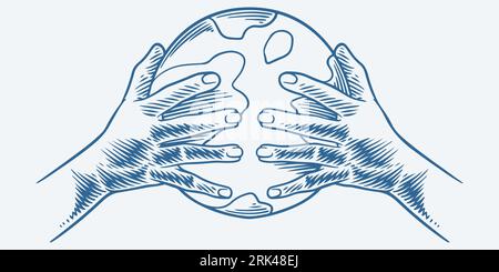 Vintage hand drawn hands hold earth isolated on white background. Stock Vector