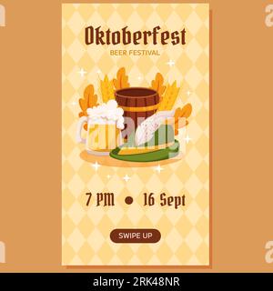 Oktoberfest German beer festival vertical social media stories template. Design with Tyrolean hat, beer mug, wooden barrel, Germany colors festive gar Stock Vector