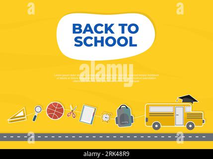 Back to school education background with ruler, magnifier, basketball, scissor, book, bag, clock and school bus isolated on yellow color. Stock Vector