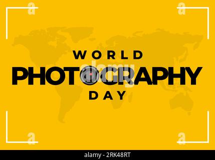 World photography day banner poster on august 19 with world map on yellow background. Stock Vector