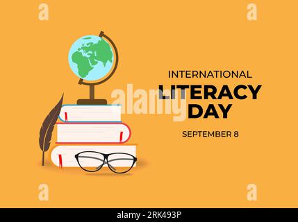 International literacy day banner poster with feather, globe, earth, glasses and books on orange color background. Stock Vector