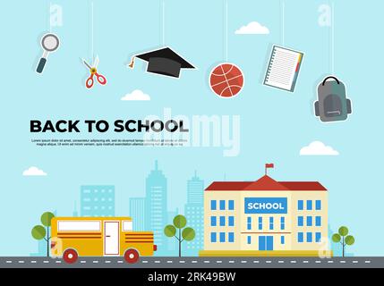 Back to school education background with school building, bus and hanging magnifier, basketball, ruler, scissor, book, bag, graduation hat isolated on Stock Vector