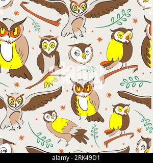 Cute brown owl Seamless pattern. Stock Vector