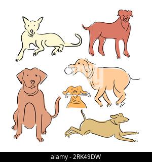 Hand drawn of seven cute dogs isolated on white background. Stock Vector