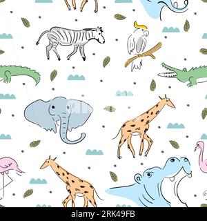 Hand drawn seamless pattern of zoo animals like crocodile, elephant, giraffe, zebra, hippopotamus, flamingo, parrot isolated on white background. Stock Vector