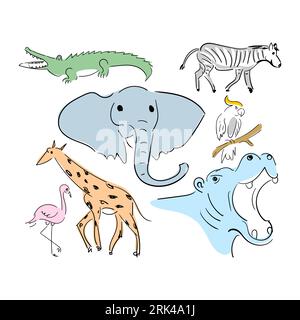 Hand drawn elements of crocodile, elephant, giraffe, zebra, hippopotamus, flamingo, parrot isolated on white background. Stock Vector