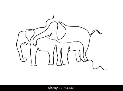 One continuous single line of elephant couple for world elephant day isolated on white background. Stock Vector