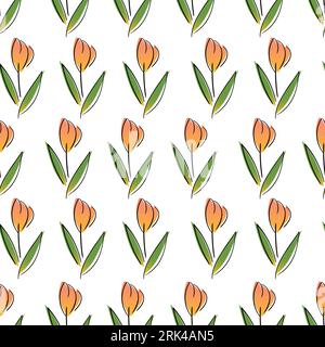 Hand drawn seamless pattern of orange flowers isolated on white background. Stock Vector